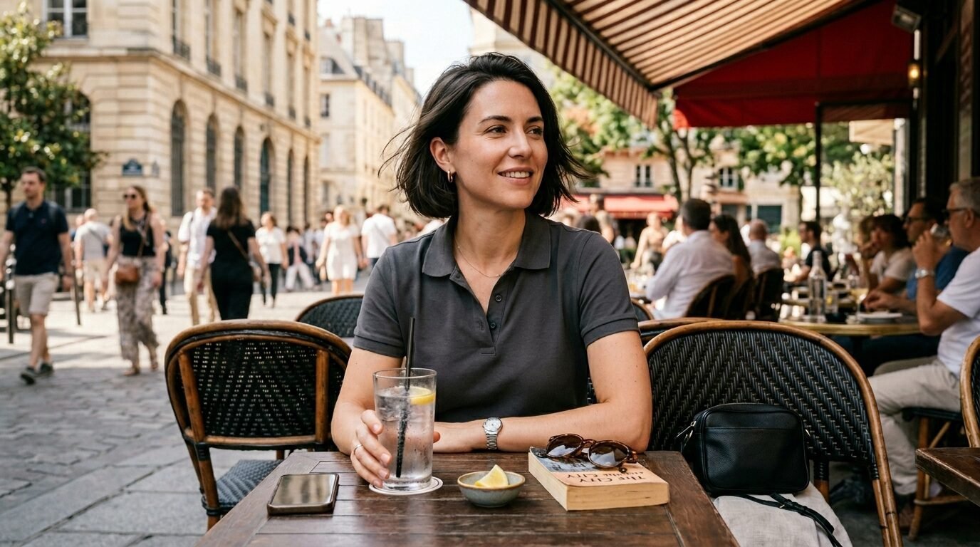 A woman in a grey polo shirt sits at an outdoor cafe table with a glass of water and a book.