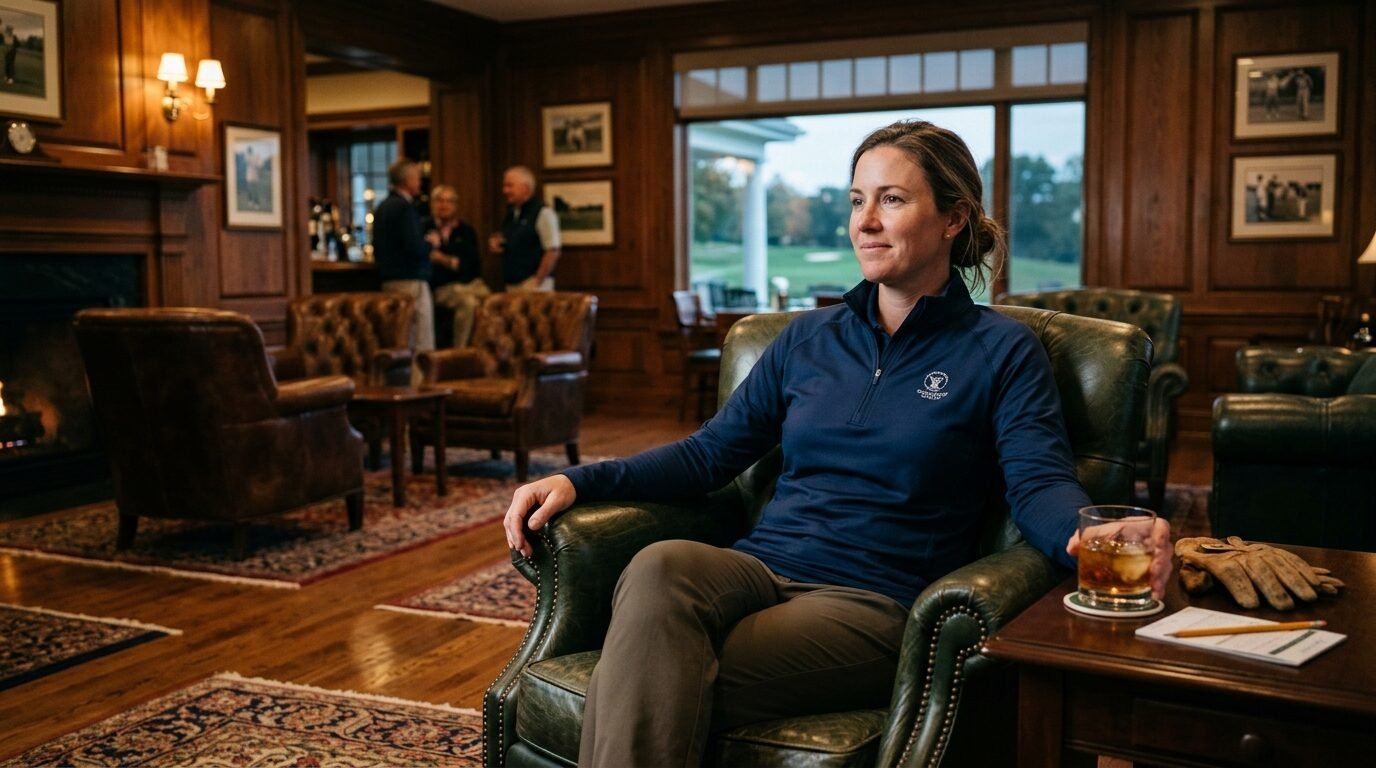 Woman in a navy pullover holding a cocktail while sitting in a leather chair in a wood-paneled room.