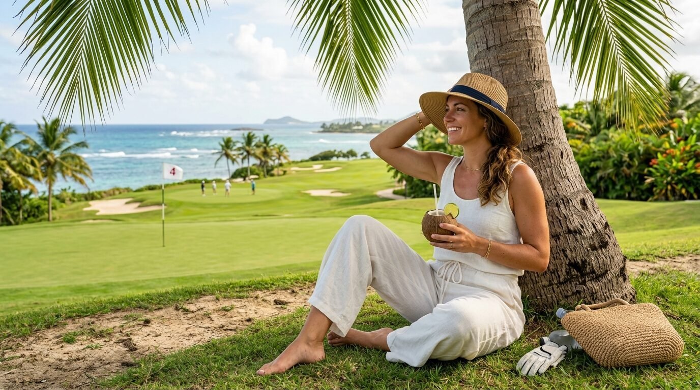 Smiling woman in a sun hat holding a coconut drink under a palm tree with a green oceanfront golf fairway nearby.