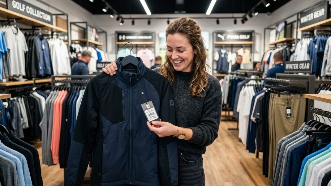A smiling customer examining a FootJoy branded athletic jacket inside a retail golf clothing store.