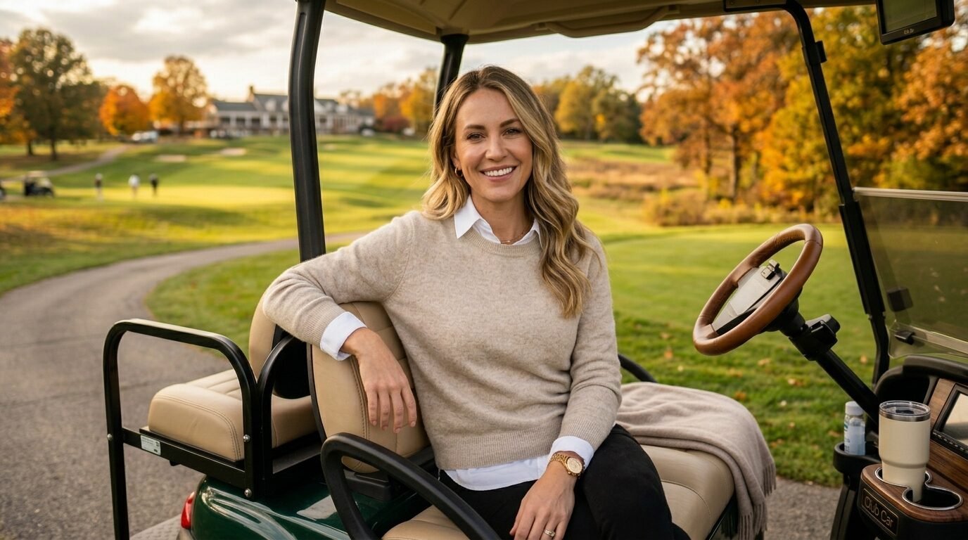 Blonde woman wearing a tan sweater and white collared shirt posing in a golf cart on an autumn golf course.