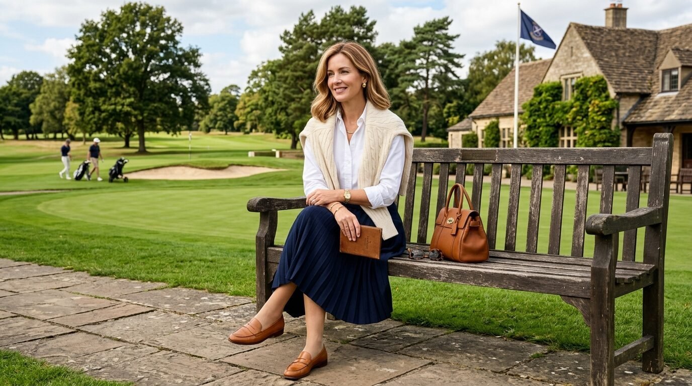 A smiling woman in a white shirt and navy skirt sitting on a wooden bench at a golf course with a brown leather bag.
