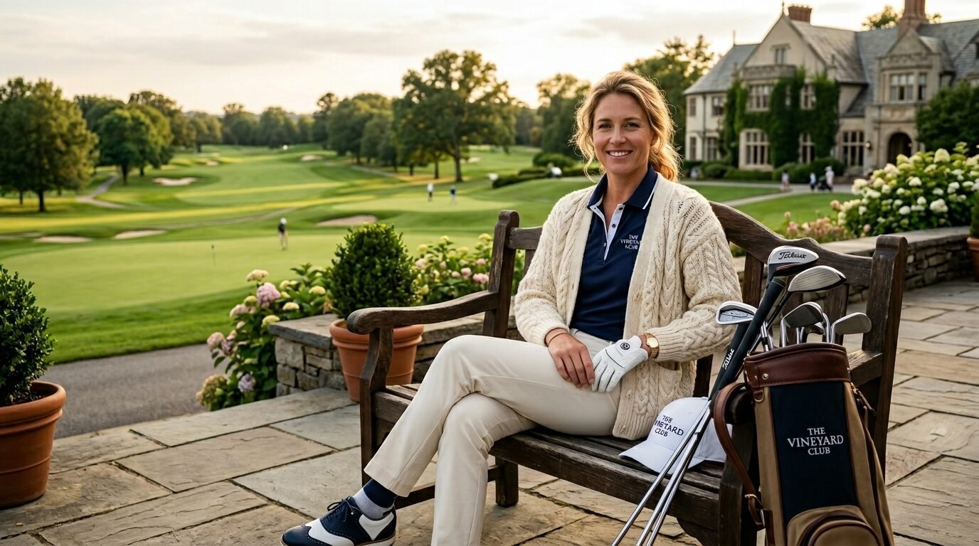 Smiling woman in golf attire sits on a patio bench with clubs by a scenic course.
