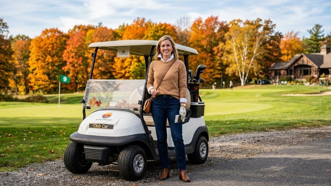 A woman wearing a tan sweater and jeans stands next to a white golf cart on a course with fall foliage in the background.