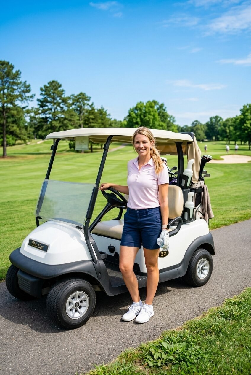 Golfer standing on a path next to a white Club Car golf cart on a sunny day.