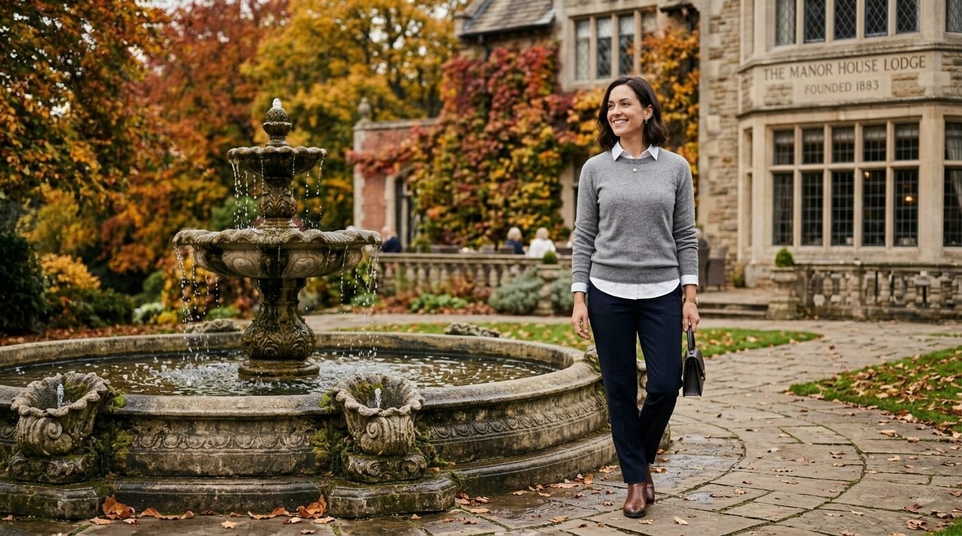 A woman in a grey sweater walks past a stone garden fountain in front of The Manor House Lodge.