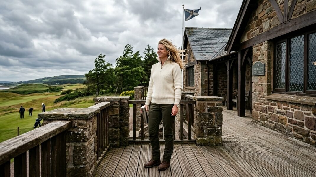 Blonde woman wearing a zip-up sweater holding a bottle on a wooden deck at a Scottish golf course.