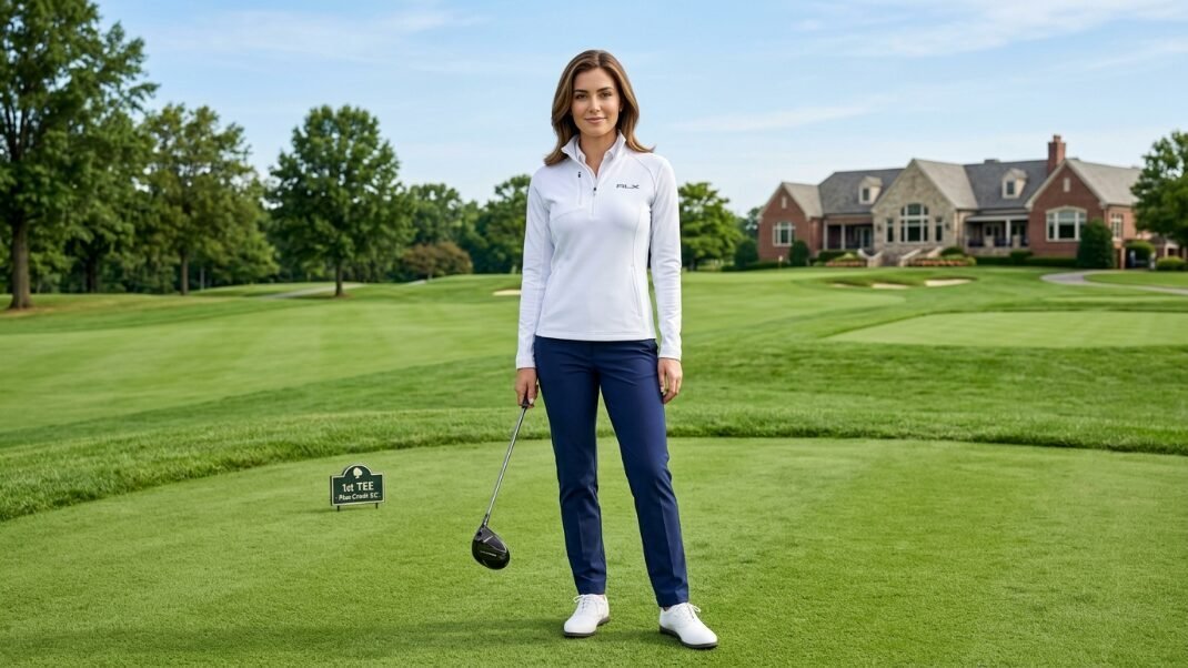 A woman in a white polo and blue pants holds a driver on a sunny golf course with a clubhouse in the background.