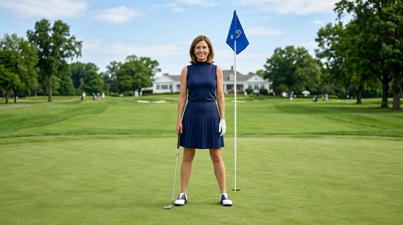 A smiling woman in a sleeveless blue top and pleated skirt poses on a golf course holding a putter near the flag.
