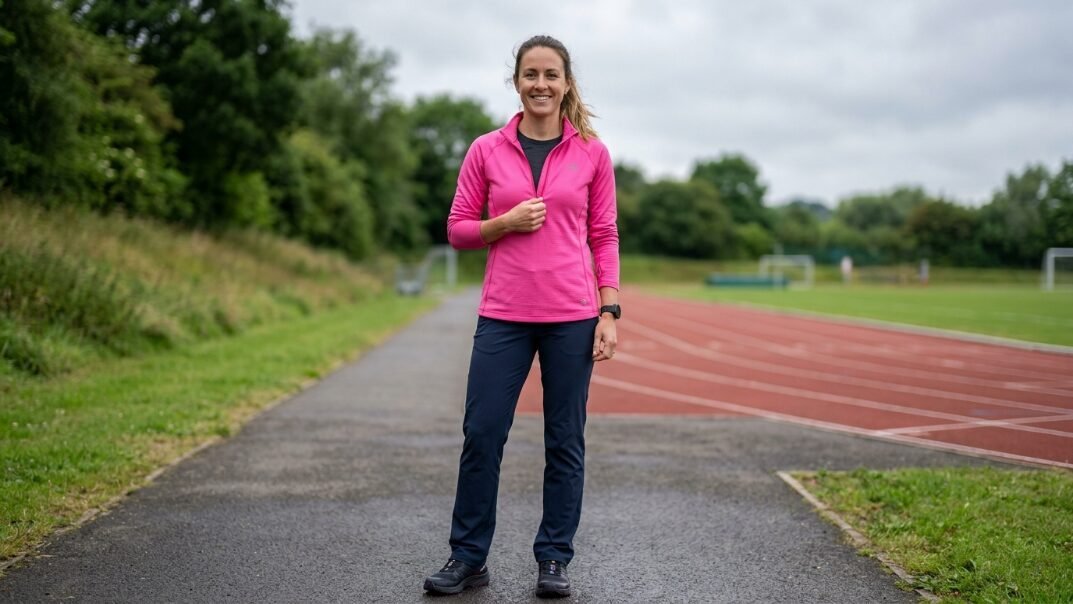 A fit female athlete standing on an asphalt path next to a red track field wearing dark pants and a bright pink top.