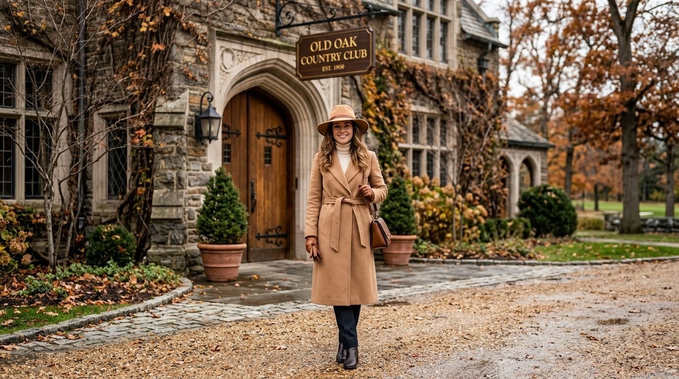 A woman in a stylish tan wool coat and hat stands in front of a historic stone country club entrance in autumn.