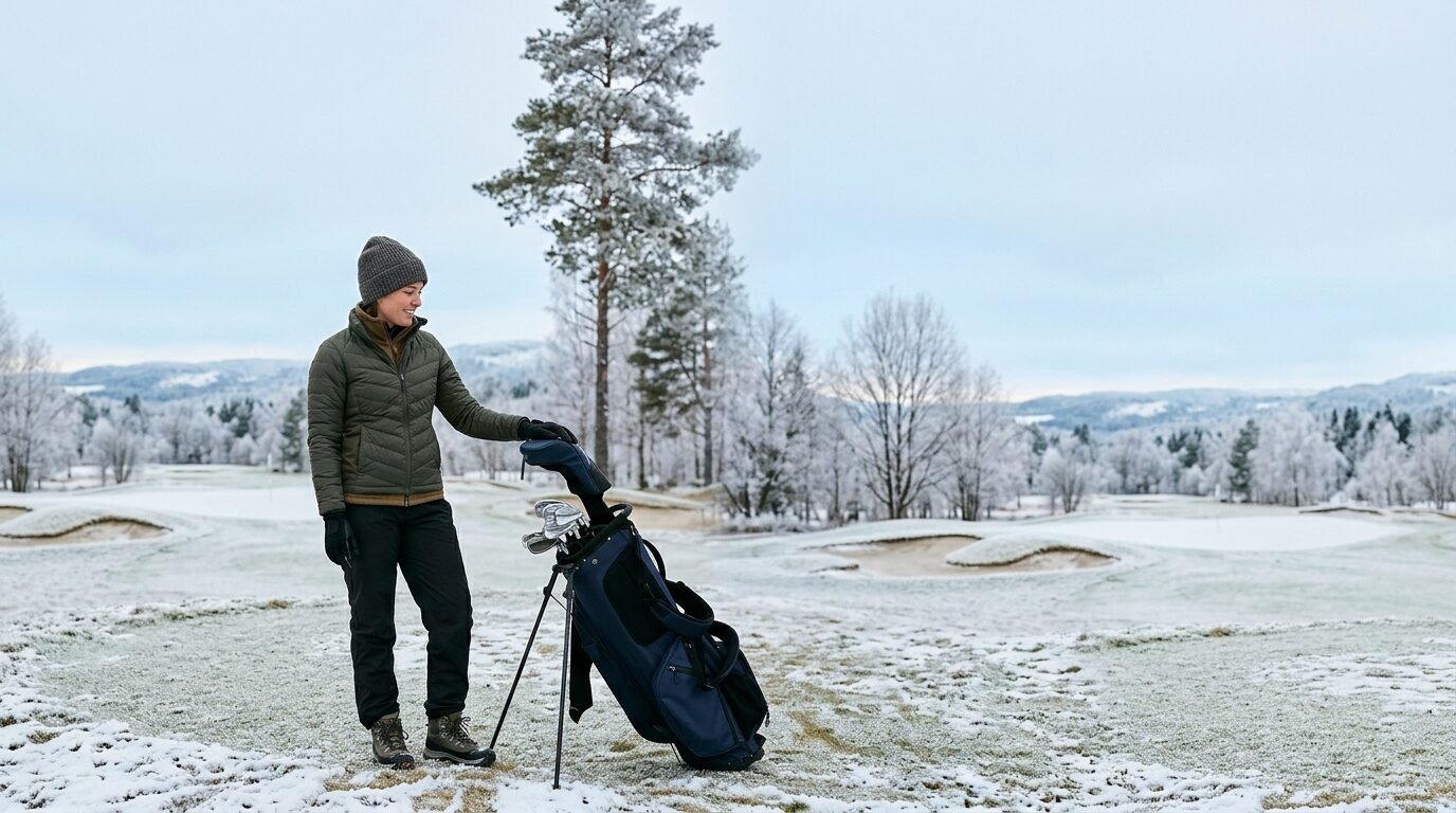 A woman in a puffer jacket and beanie posing with her golf clubs on a cold winter day.