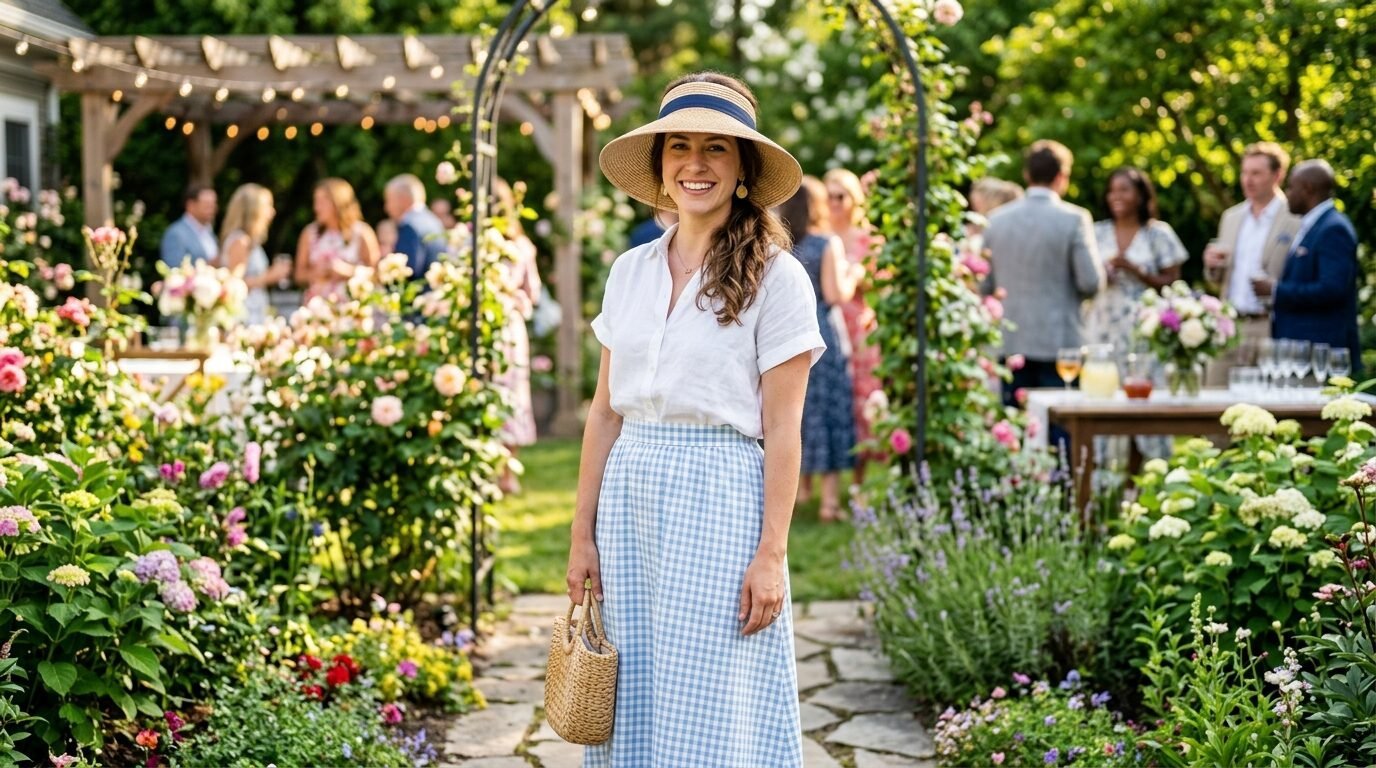 Woman in a white shirt and blue gingham skirt poses in a floral garden during an outdoor event.