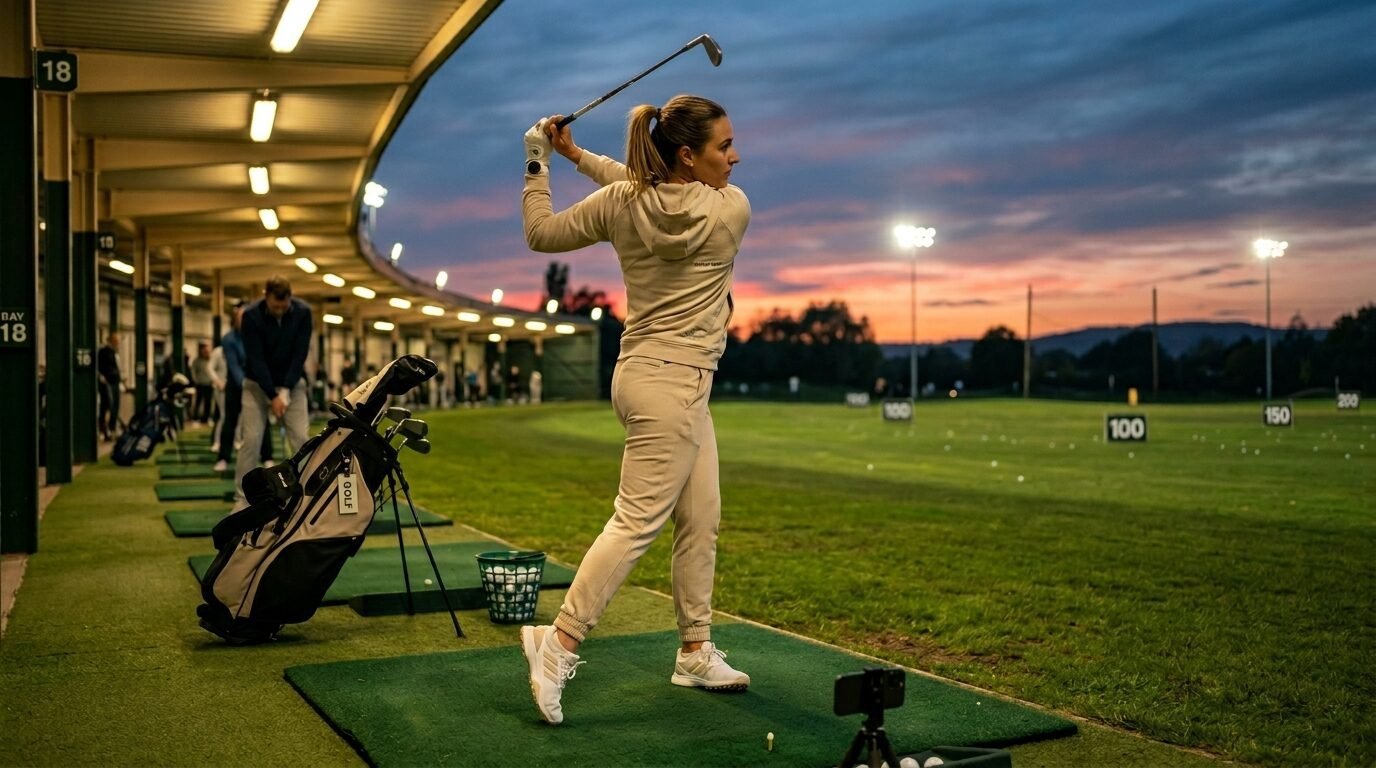 Golfer in a beige tracksuit taking a swing while filming her form with a smartphone at an outdoor driving range.