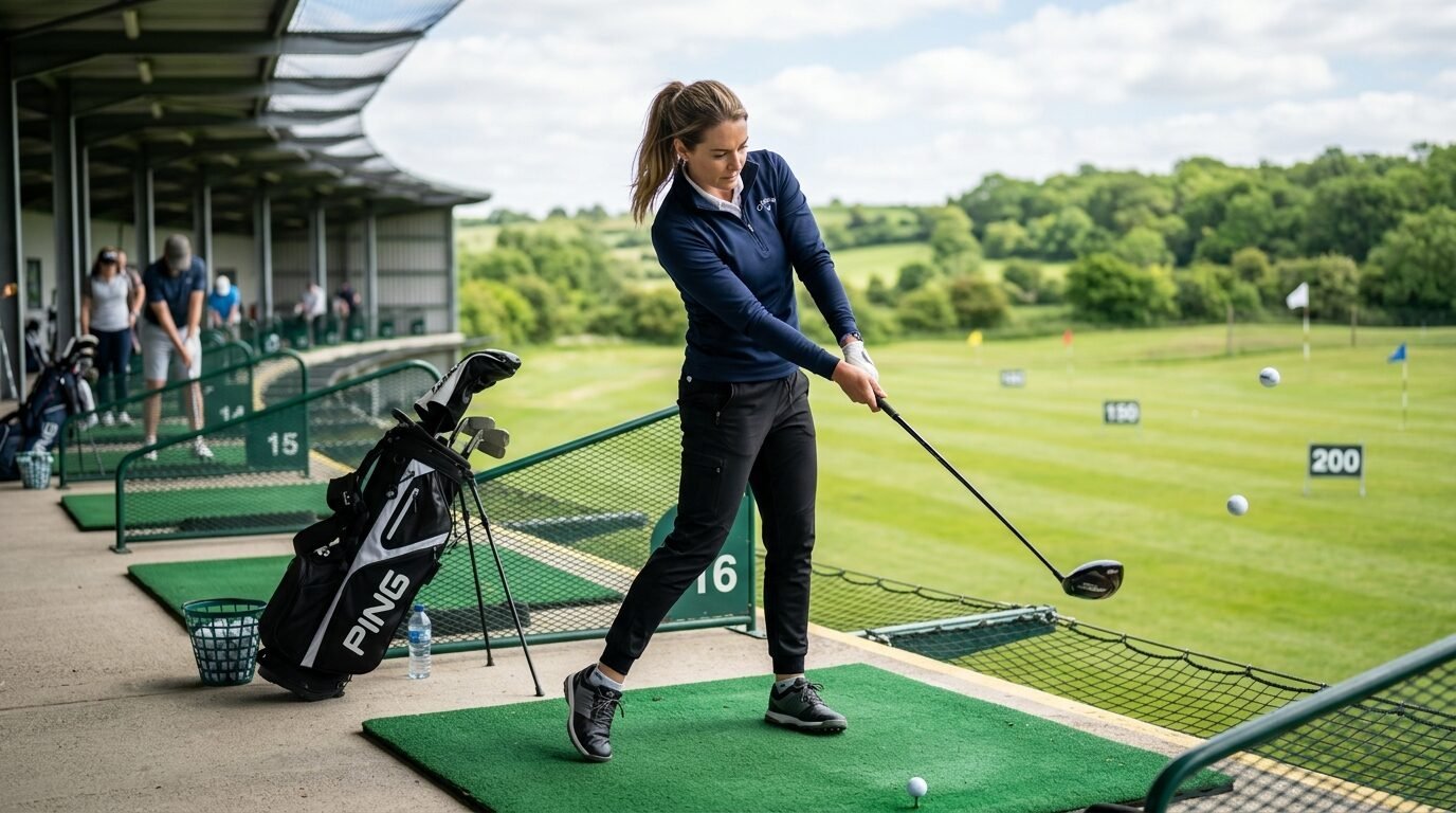 A woman in a navy long-sleeve shirt practicing her golf swing at a range with a Ping golf bag nearby.