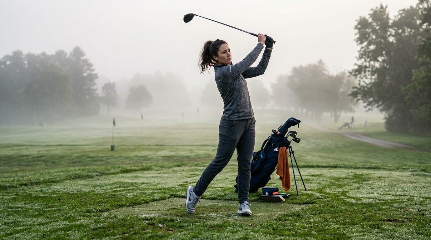 Woman in grey athletic wear swinging a driver on a dew-covered golf course at dawn.