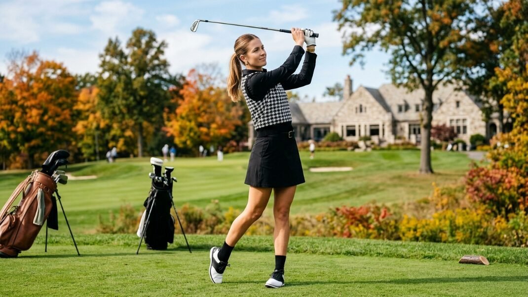 Young woman wearing a houndstooth vest and black skirt swinging a golf club on a scenic course with autumn foliage.