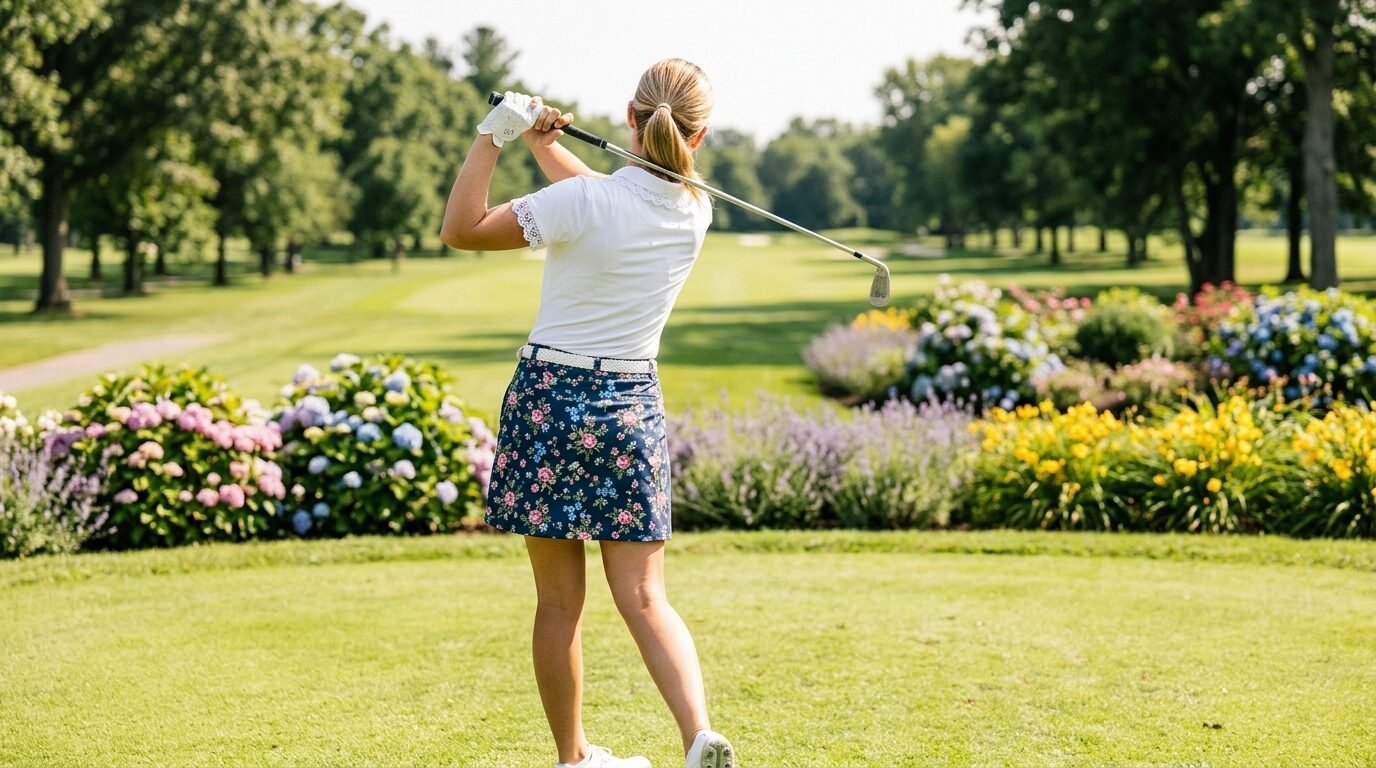 A woman hitting a golf ball while wearing a white shirt and a blue floral skirt on a sunny garden course.