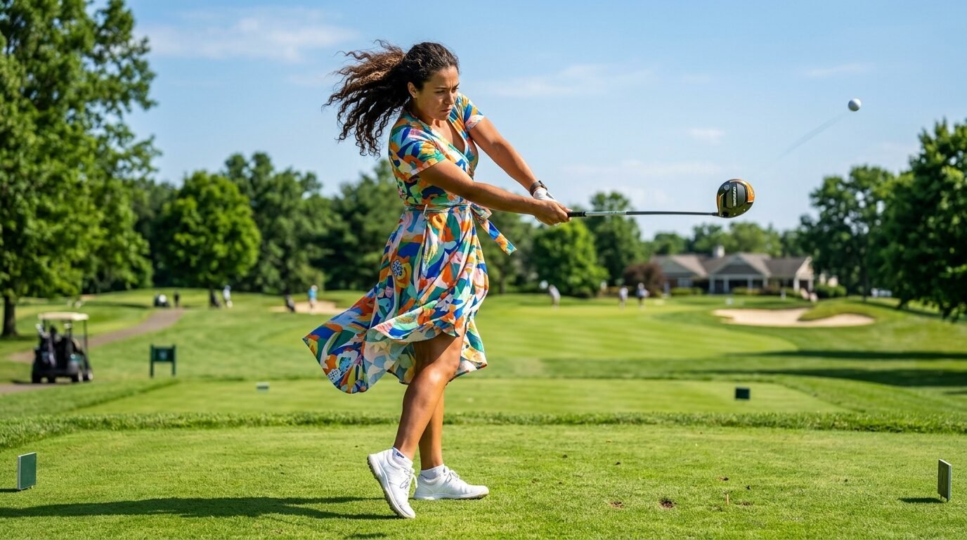 A woman with curly hair wearing a vibrant patterned wrap dress hits a golf ball down the fairway.