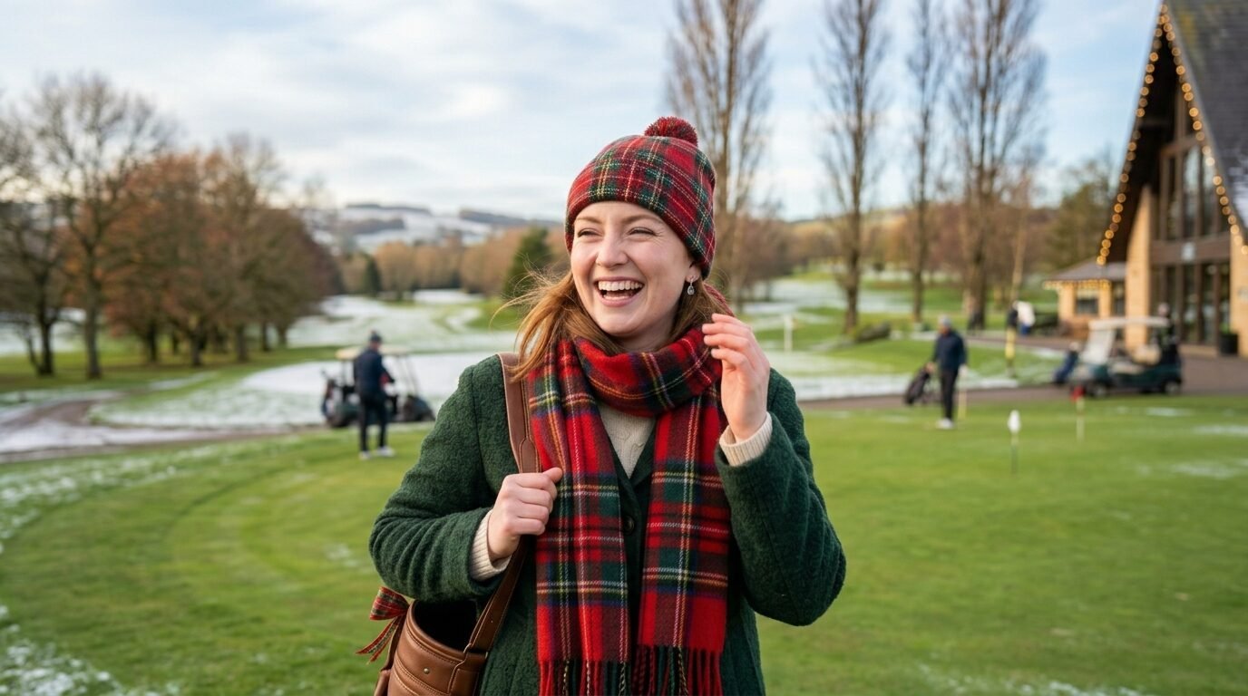 Smiling woman in a green coat and red plaid accessories standing on a frosty golf course.