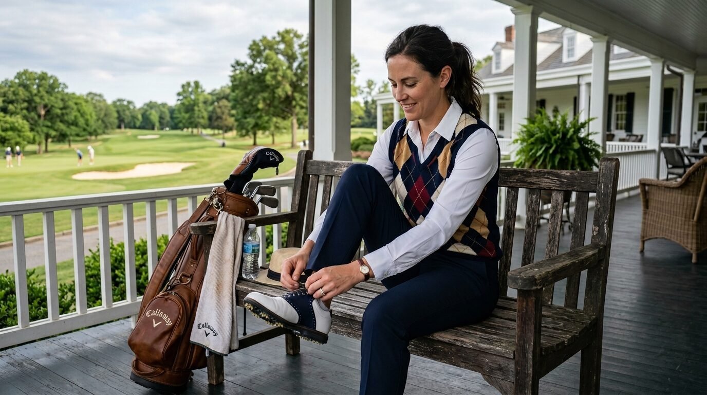 A woman in an argyle sweater vest sits on a wooden bench, tying her white and navy leather golf shoes.