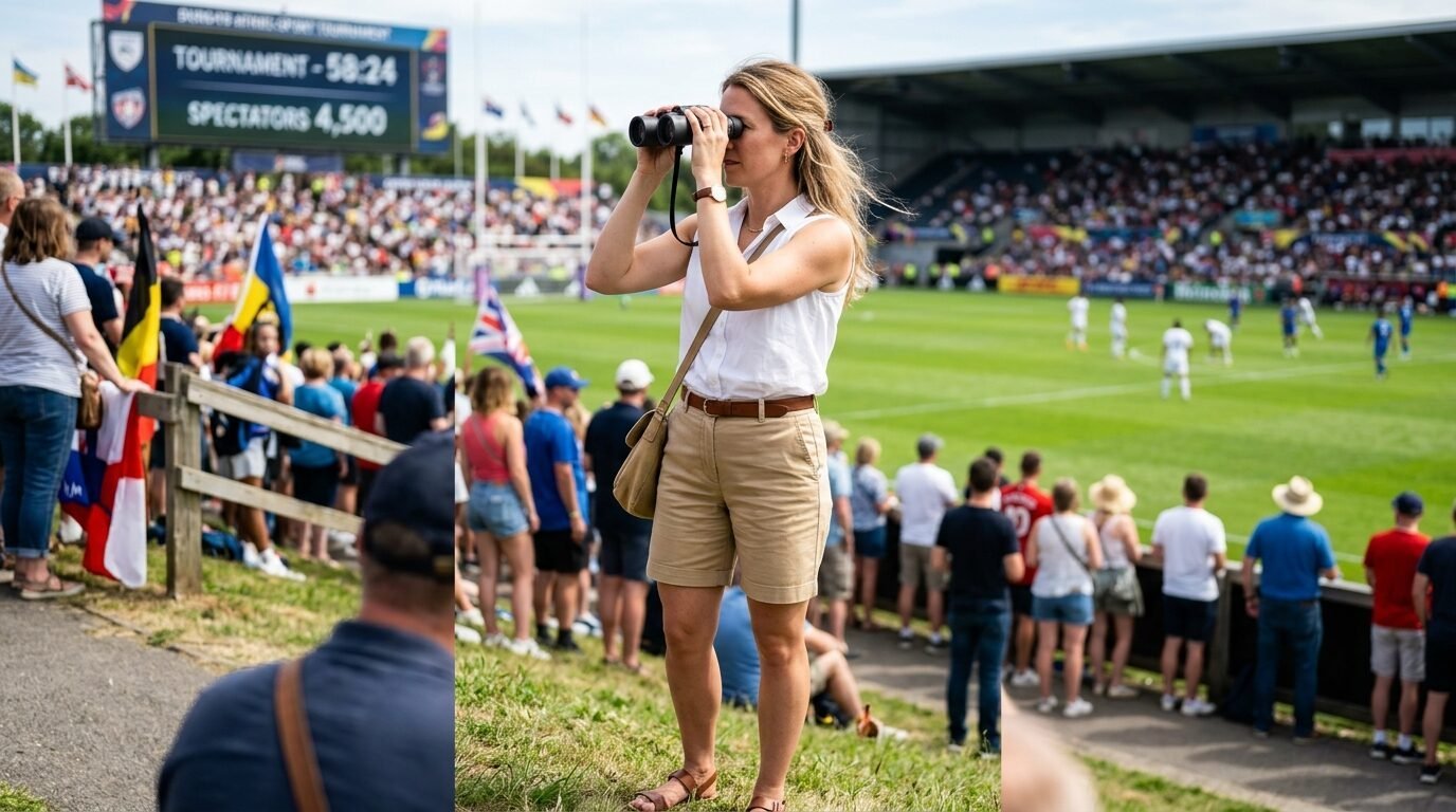 A woman stands on a grassy hill looking at a soccer match through black binoculars at a crowded outdoor stadium.