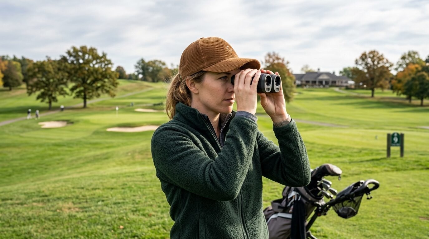 A woman in a brown hat and green fleece jacket looking through a golf rangefinder on a sunny fairway.