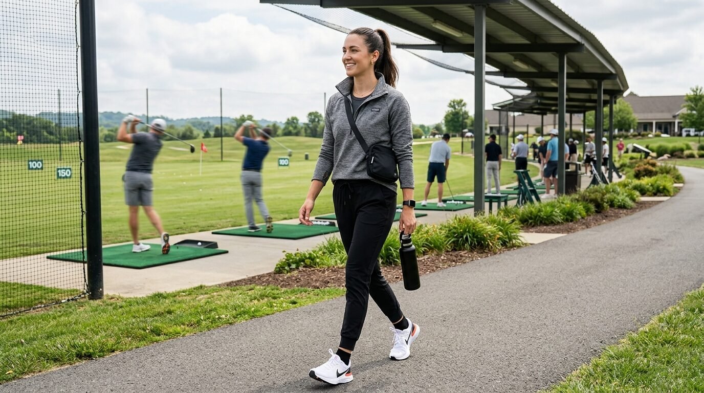 Young woman in athletic wear carrying a water bottle walking on a path at an outdoor golf facility.