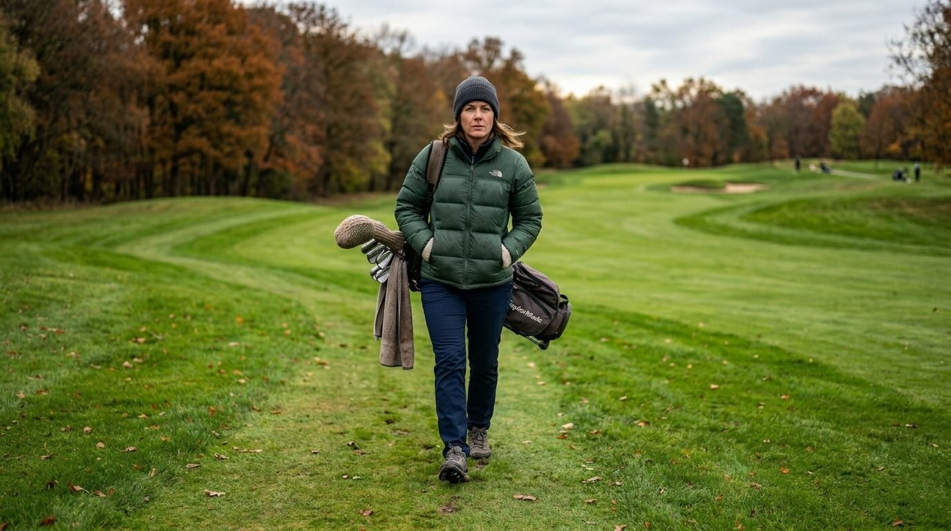 Female golfer in a green puffer jacket and beanie walking on a grassy course surrounded by fall foliage.
