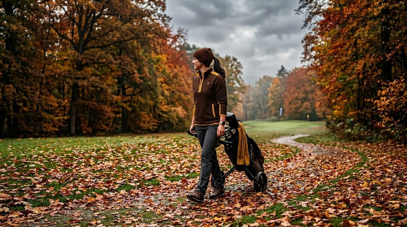 Golfer in a brown sweater and beanie walking on a fall fairway lined with orange and yellow trees.