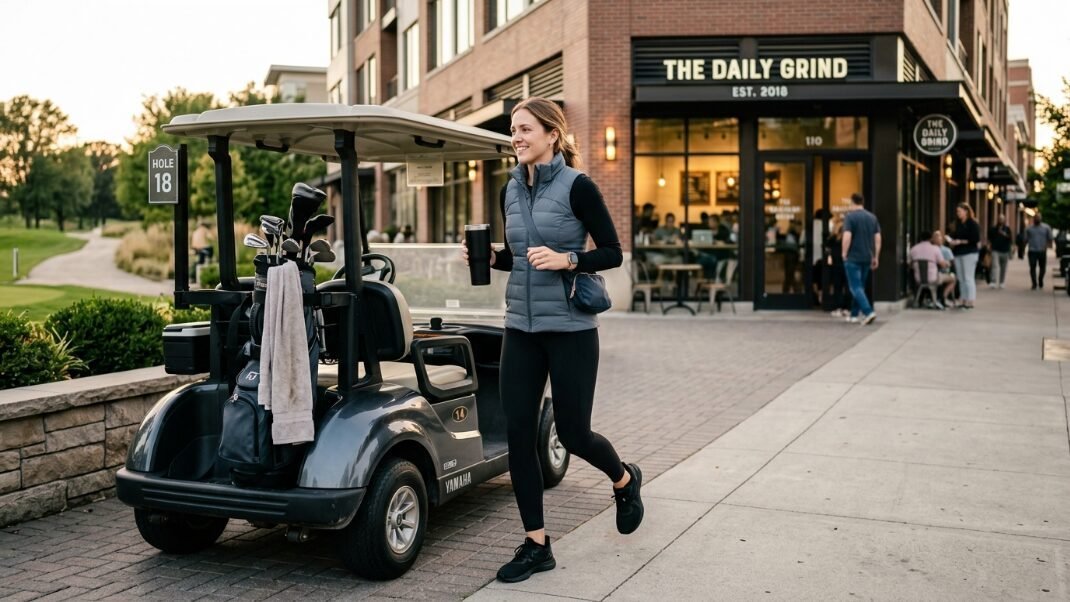 A woman in a grey vest walks past a golf cart near a storefront called The Daily Grind.