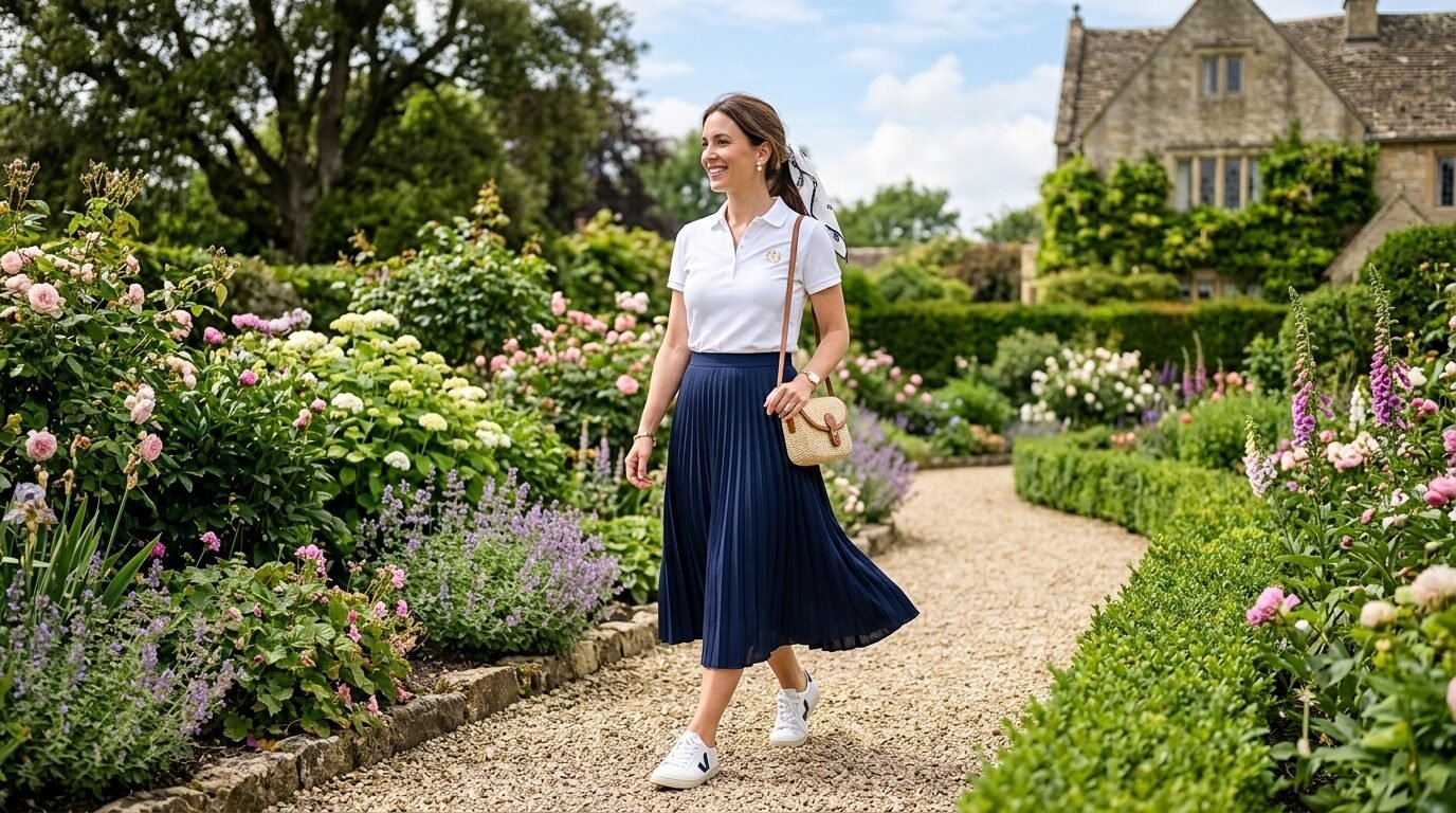 Woman wearing white polo and navy pleated skirt walking on gravel path in a lush English floral garden.