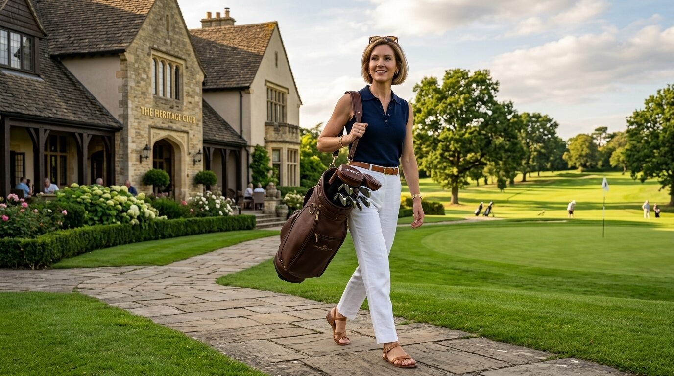 A woman in a navy polo and white linen pants walks on a path carrying a brown golf bag near a historic building.