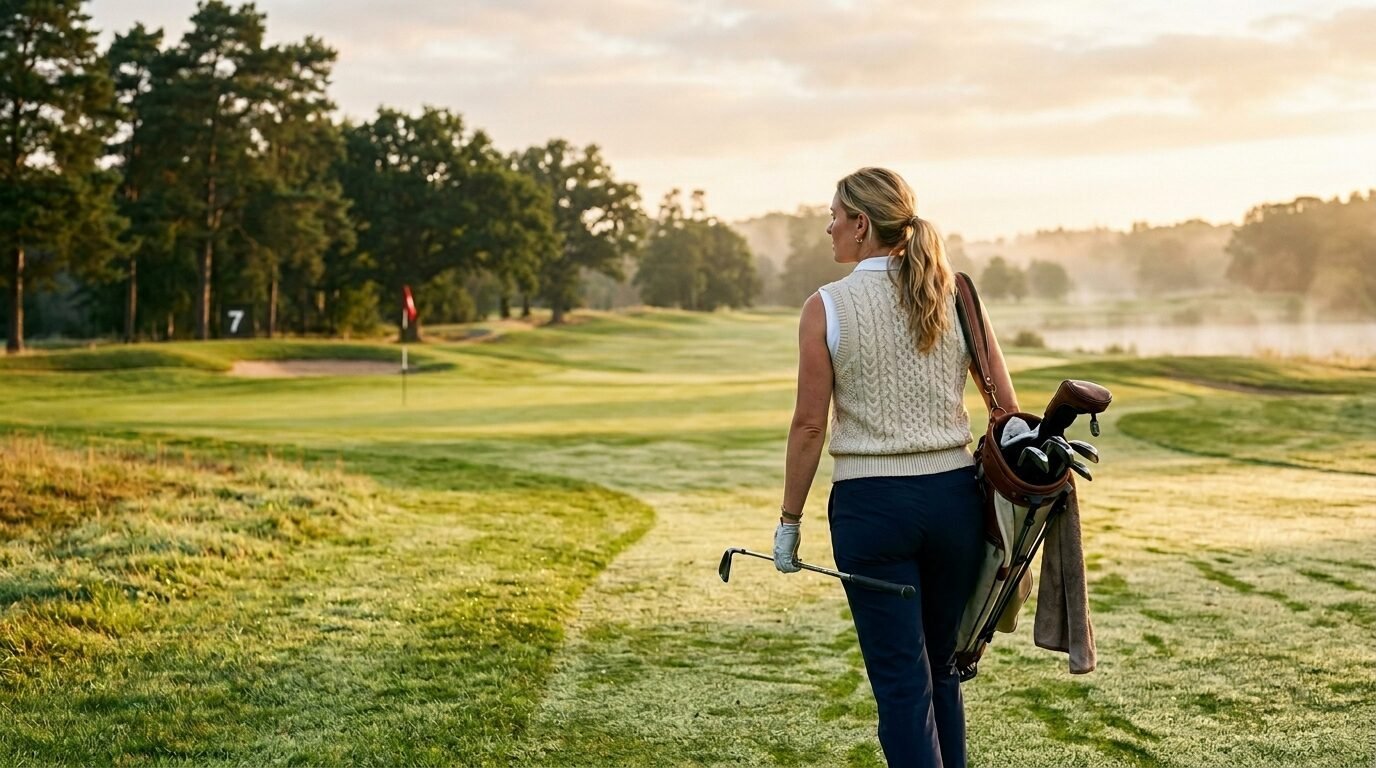 A blonde woman in a cable knit vest carries her golf bag across a dew-covered fairway in the early morning light.