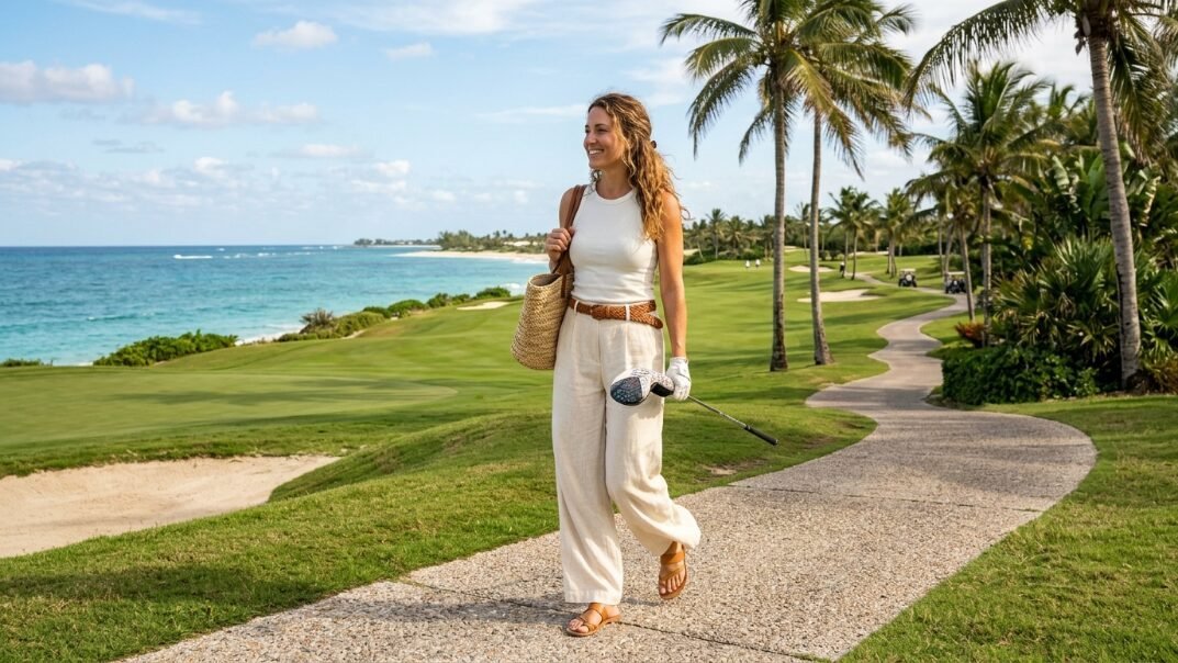 Smiling woman in light linen clothes carrying a straw bag and golf club on a seaside path lined with palm trees.
