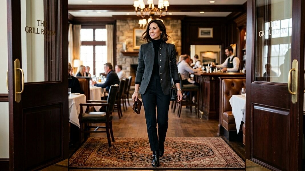 A woman in a blazer and turtleneck enters a dimly lit restaurant with wood paneling and booth seating.