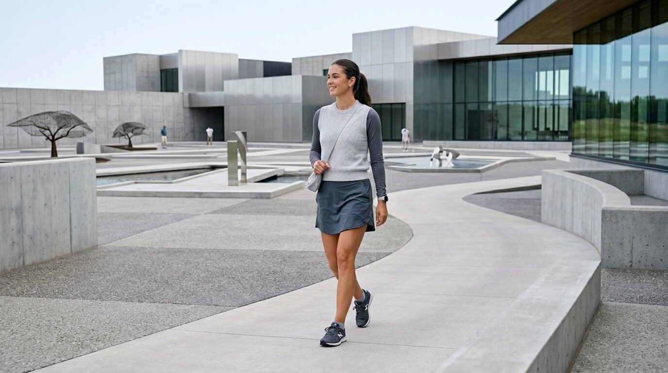 Young female walking on a concrete path between modern geometric buildings and water features.