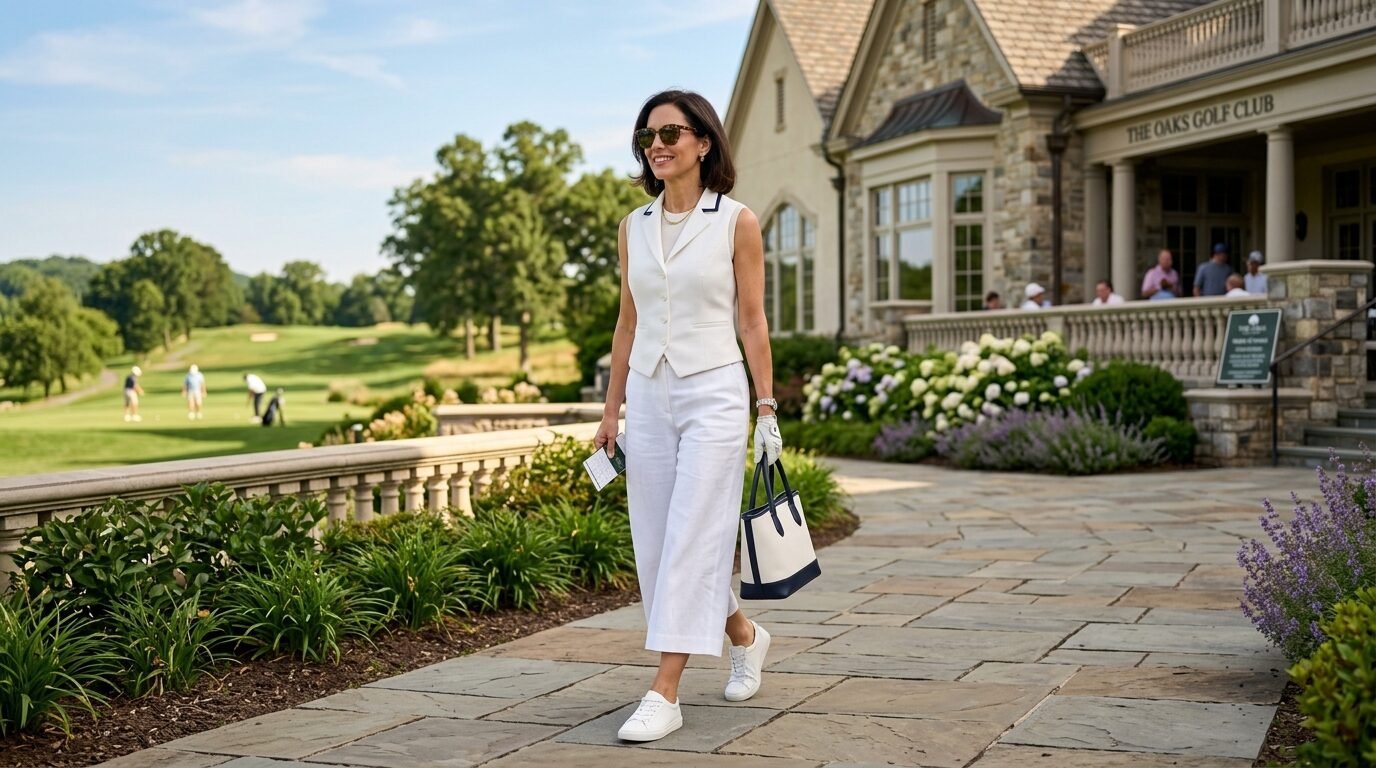 A stylish woman in a white vest and linen pants holding a tote bag walks along a stone path near a golf course clubhouse.