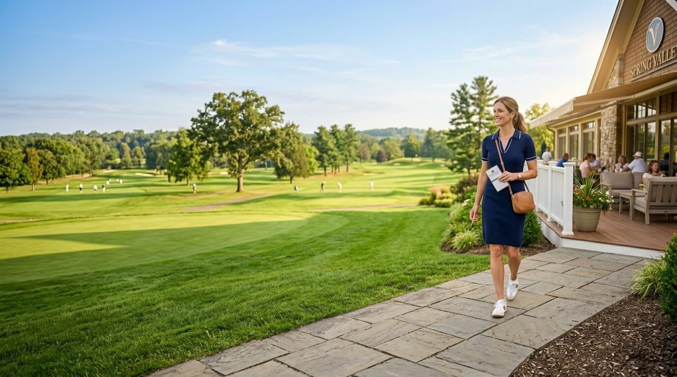 A woman in a navy blue dress walks along a patio walkway overlooking a green golf course.