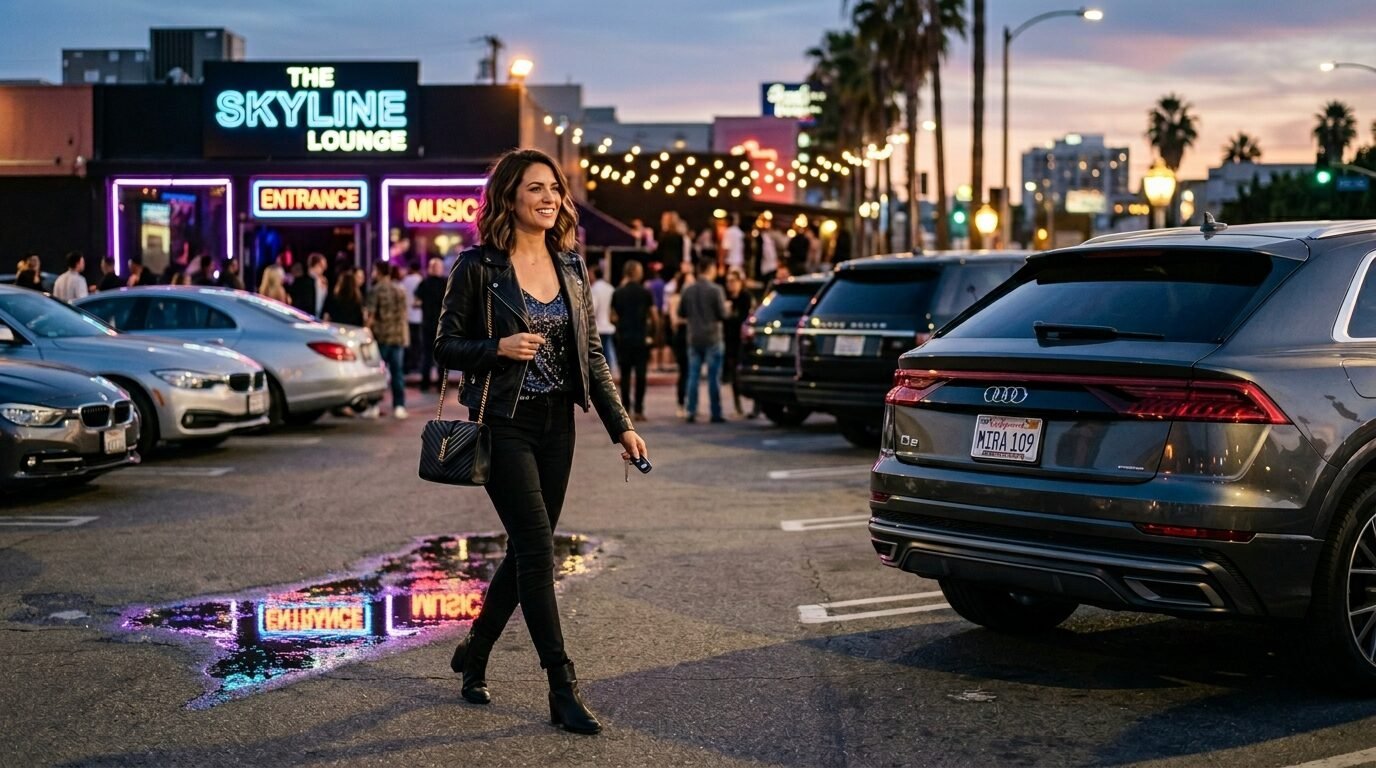 A woman in a leather jacket walks past an Audi Q8 in a neon-lit parking area outside The Skyline Lounge.