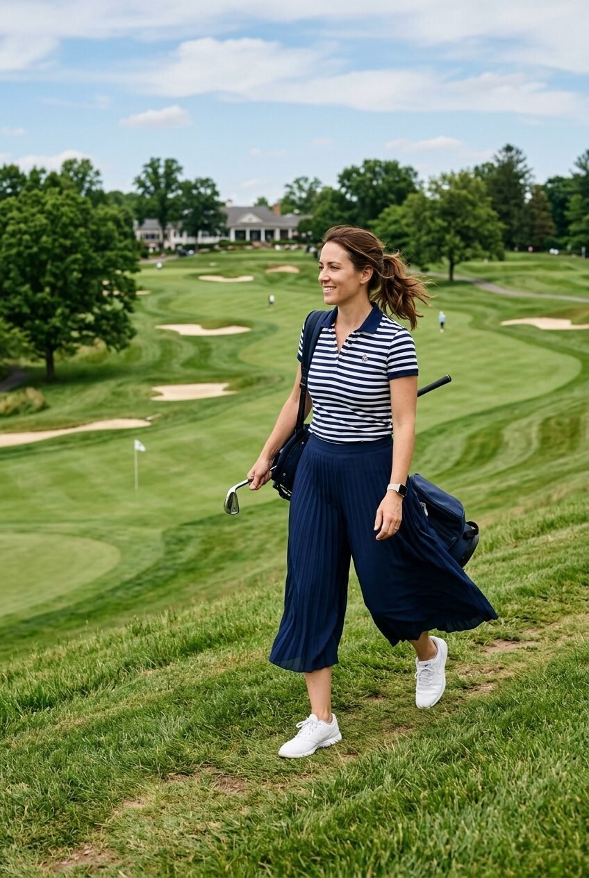 Female golfer in striped polo and navy culottes walking along a grassy hillside at a country club.