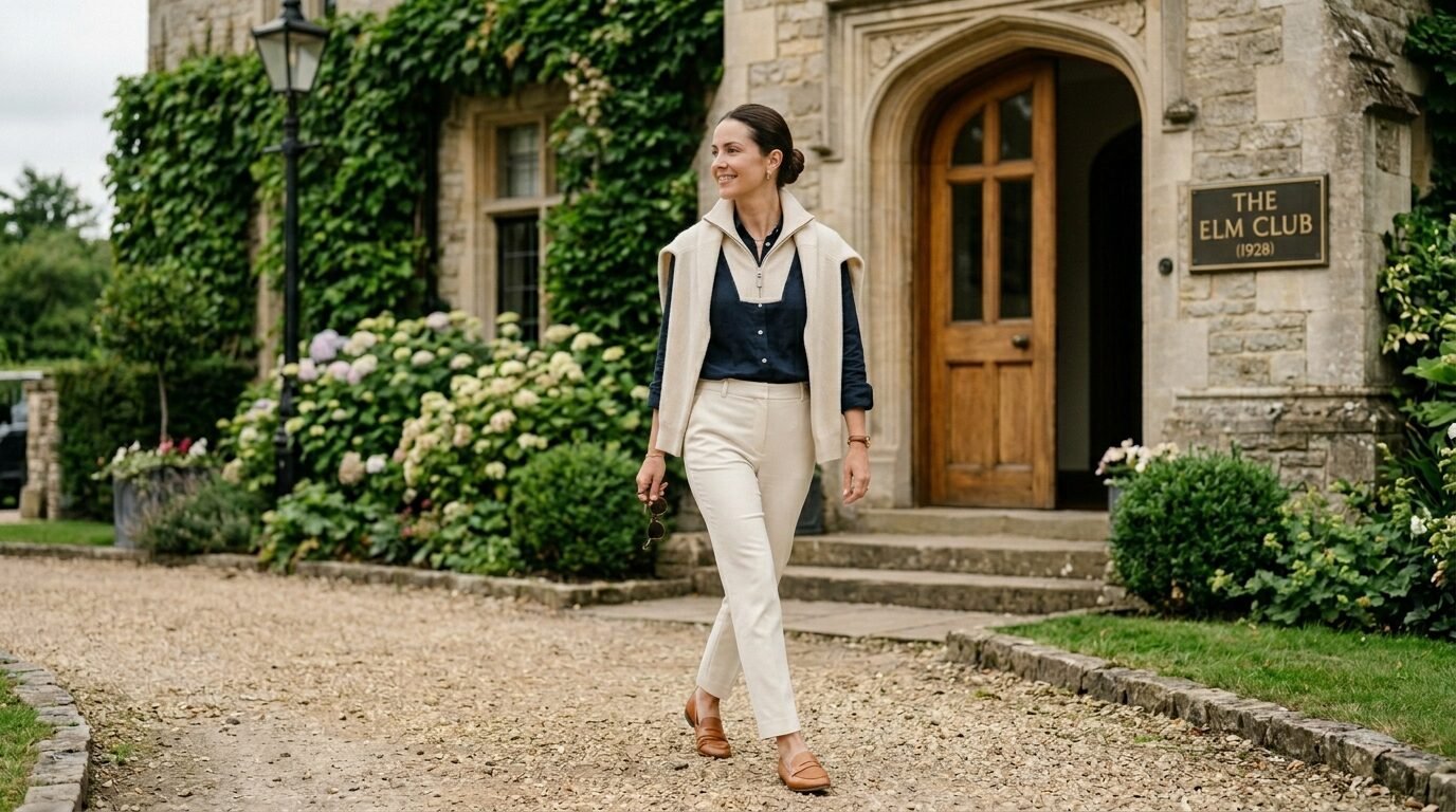 Woman in cream trousers and a navy shirt walking on a gravel path near a historic stone building entrance.
