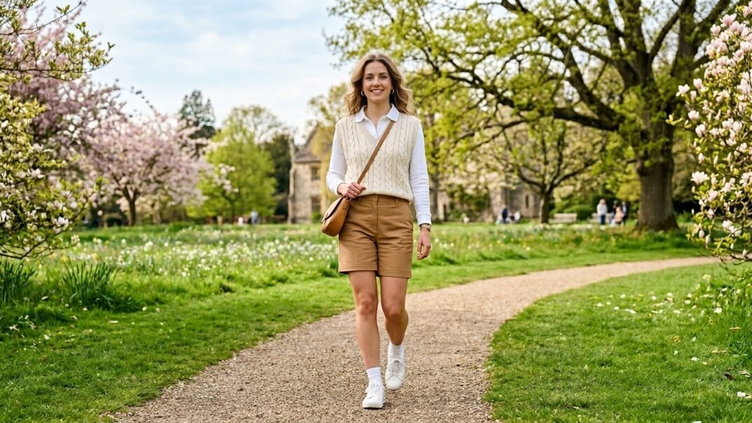 A blonde woman wearing a cable knit sweater vest and shorts walks along a garden path.