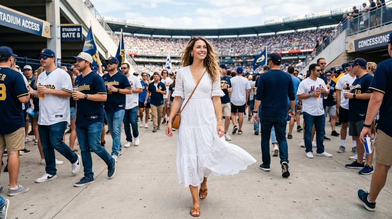 A woman in a white eyelet midi dress walks through a crowded concourse at a baseball game.