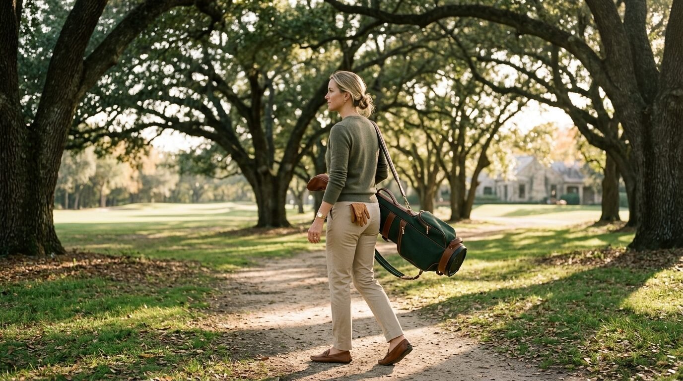 Blonde woman in an olive sweater and beige pants walks on a dirt path carrying a leather and green canvas golf bag.