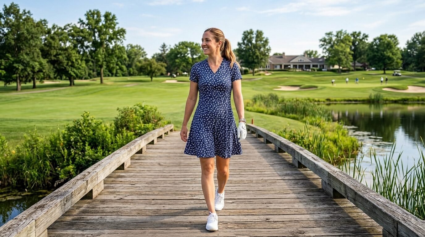 A woman in a blue floral dress and white golf glove walks across a wooden bridge on a sunny golf course.