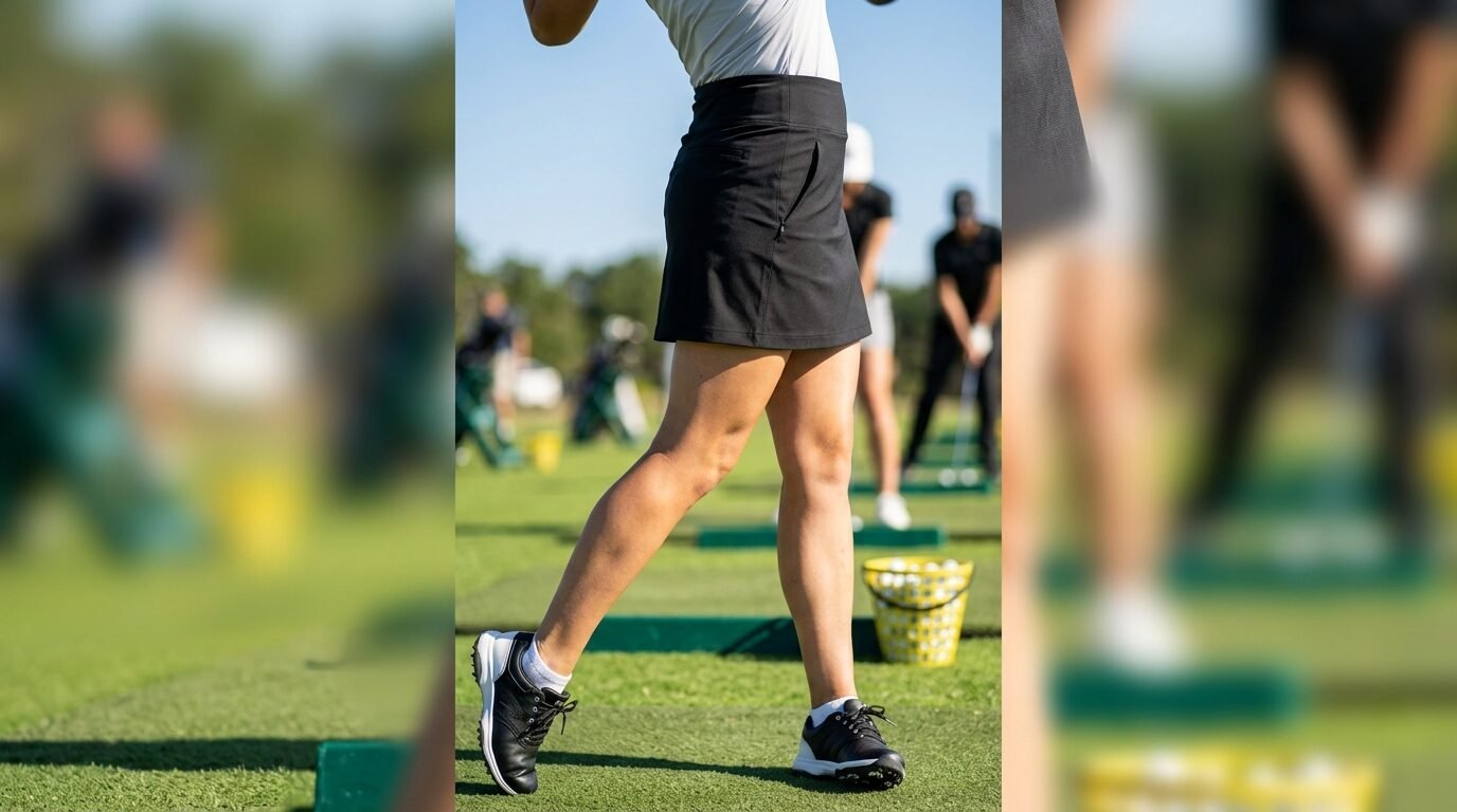 Close-up of a golfer's legs wearing a black athletic skort and black golf shoes while standing on a driving range mat.