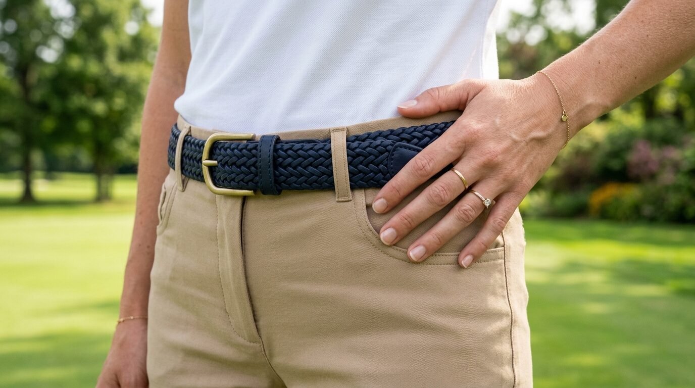 Close-up of a person wearing a woven dark blue belt with a gold buckle and tan golf pants.
