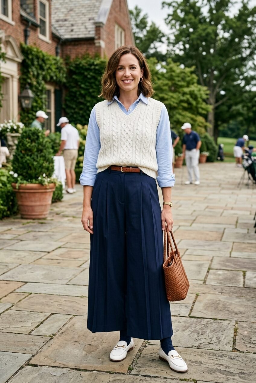 A woman wearing a cream cable knit vest, light blue shirt, and navy pleated culottes stands on a stone patio.