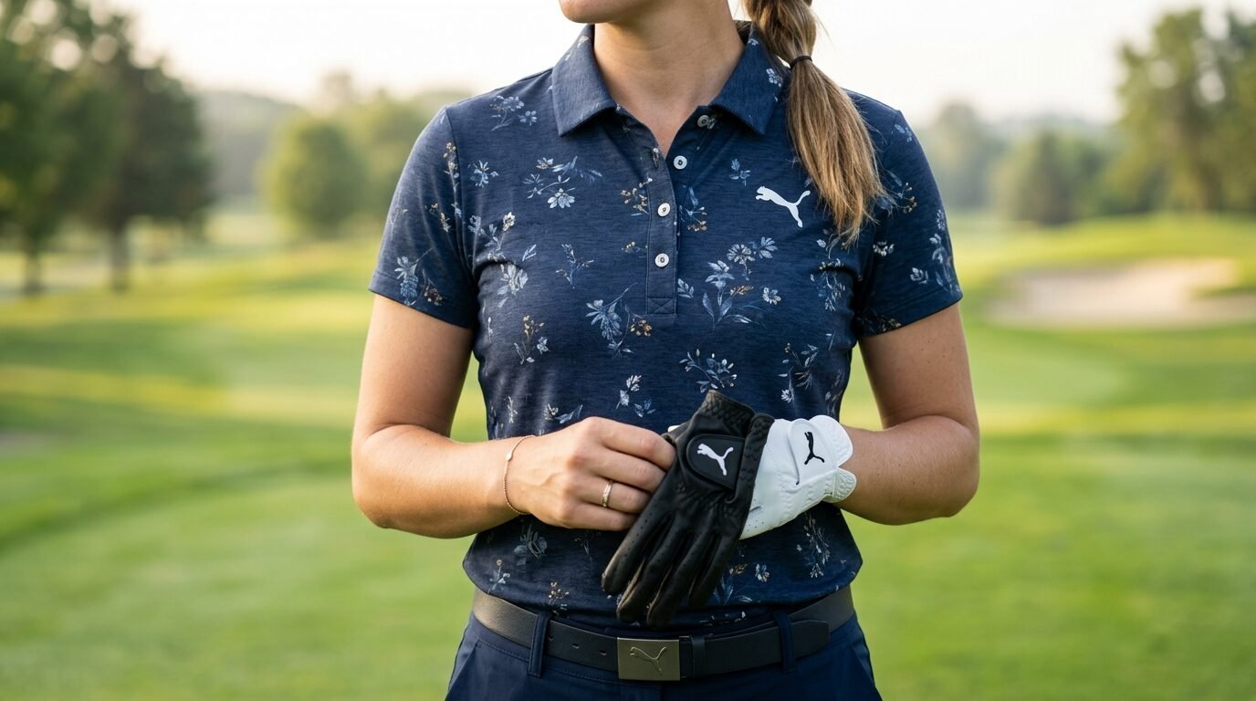 Golfer preparing to wear a black and white Puma glove on a golf course.